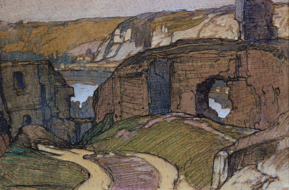 A watercolour and pastel landscape artwork depicting stone architectural ruins overlooking a river valley and distant hills. View III