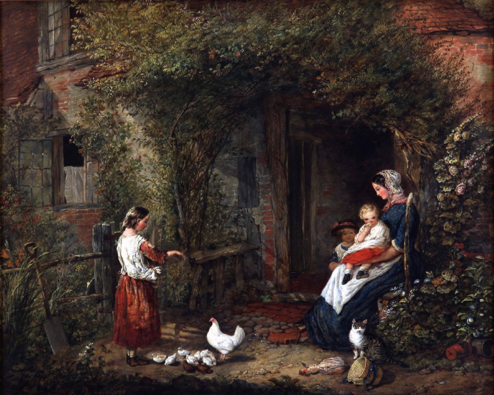 A 19th-century oil painting depicting a rural cottage entrance with a mother holding a child, a girl feeding chickens, a cat, and foliage surrounding the brick doorway.