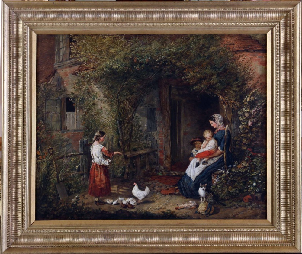 A 19th-century oil painting depicting a rural cottage entrance with a mother holding a child, a girl feeding chickens, a cat, and foliage surrounding the brick doorway. View II