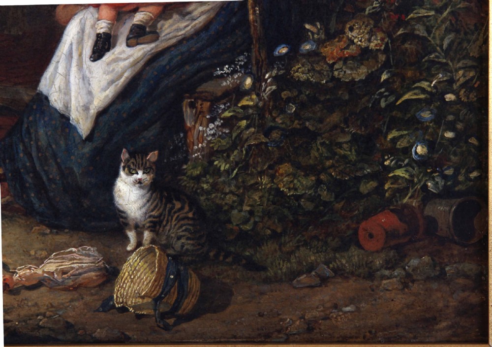 A 19th-century oil painting depicting a rural cottage entrance with a mother holding a child, a girl feeding chickens, a cat, and foliage surrounding the brick doorway. View IV