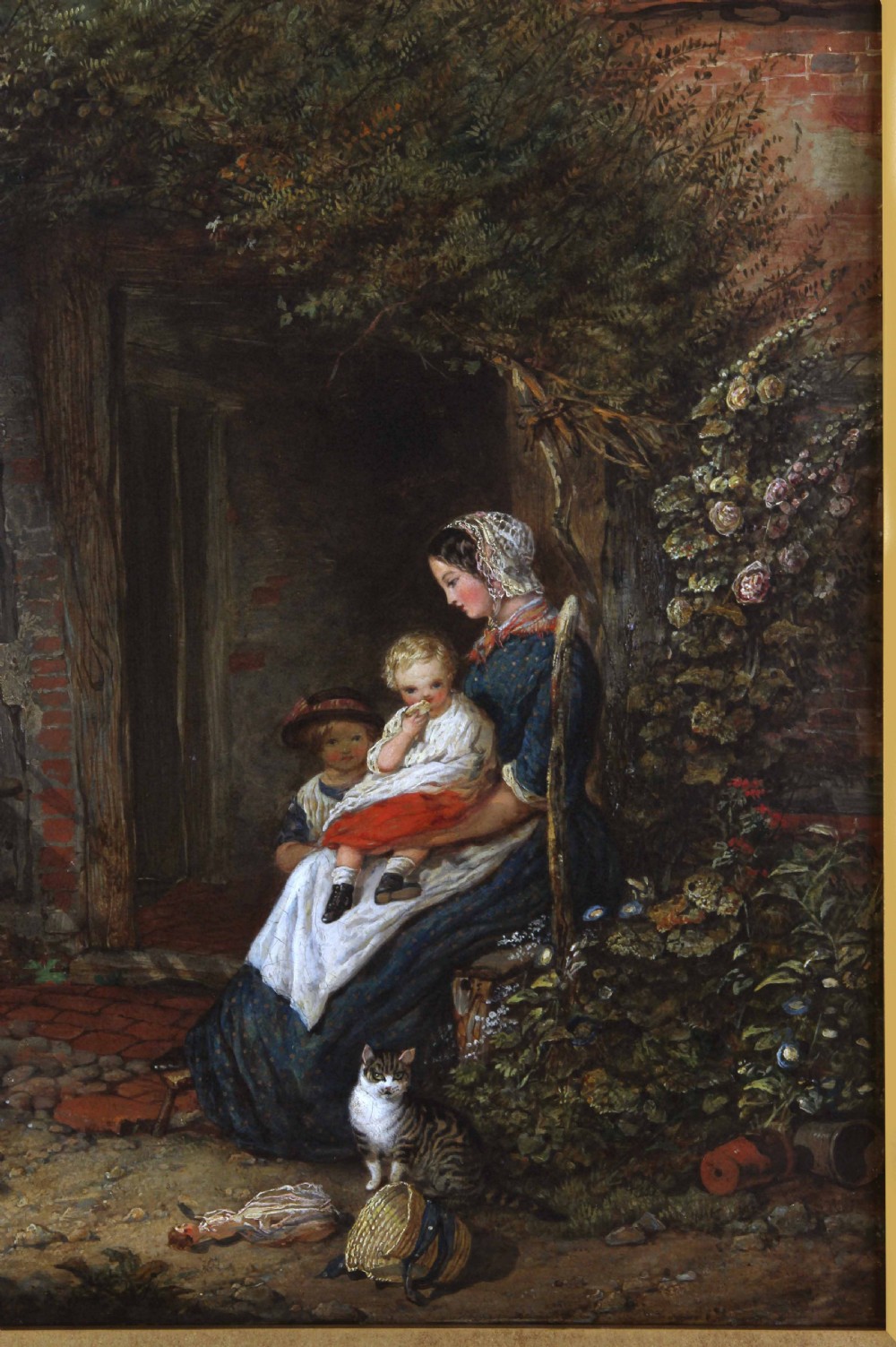 A 19th-century oil painting depicting a rural cottage entrance with a mother holding a child, a girl feeding chickens, a cat, and foliage surrounding the brick doorway. View V