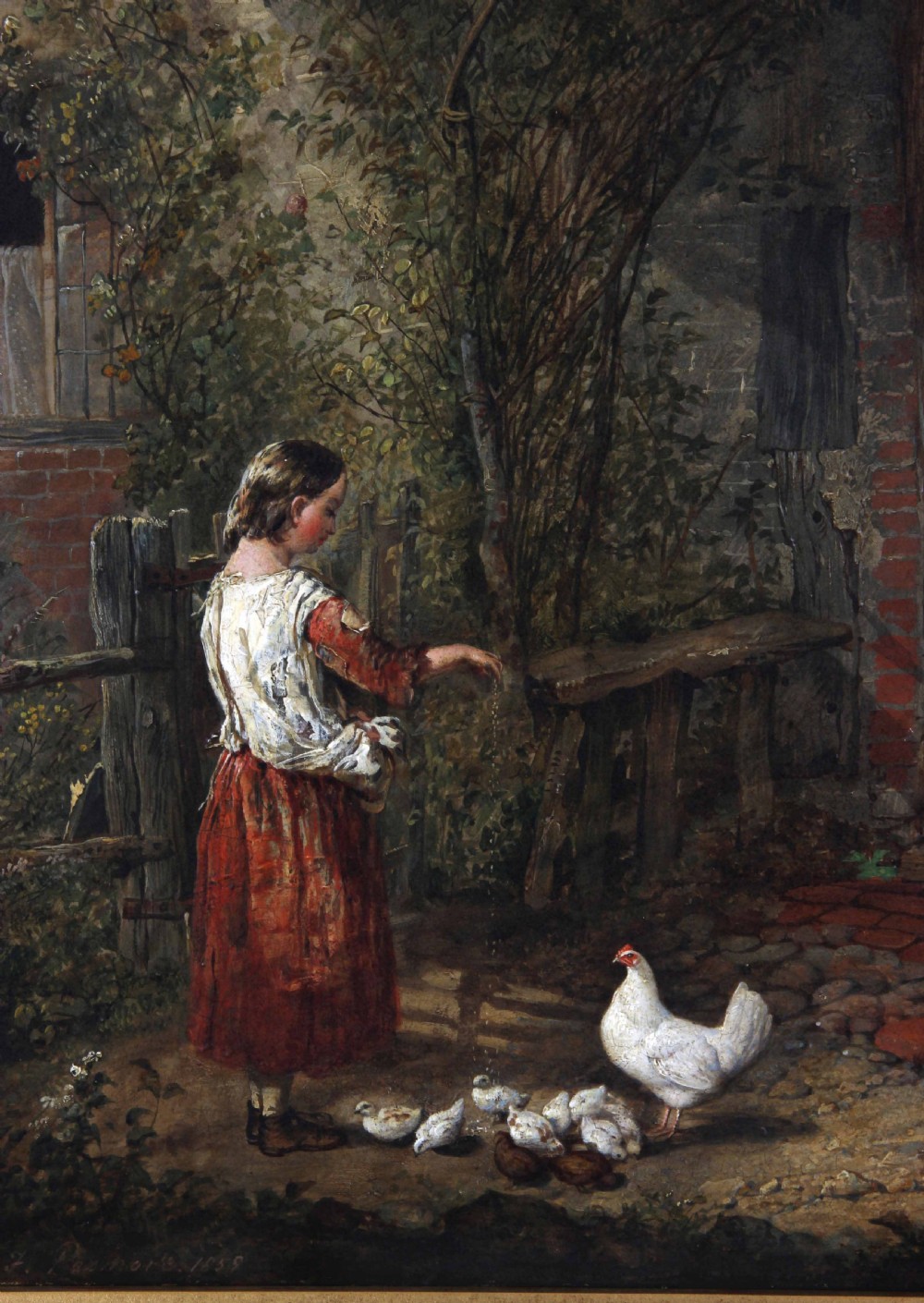 A 19th-century oil painting depicting a rural cottage entrance with a mother holding a child, a girl feeding chickens, a cat, and foliage surrounding the brick doorway. View VI