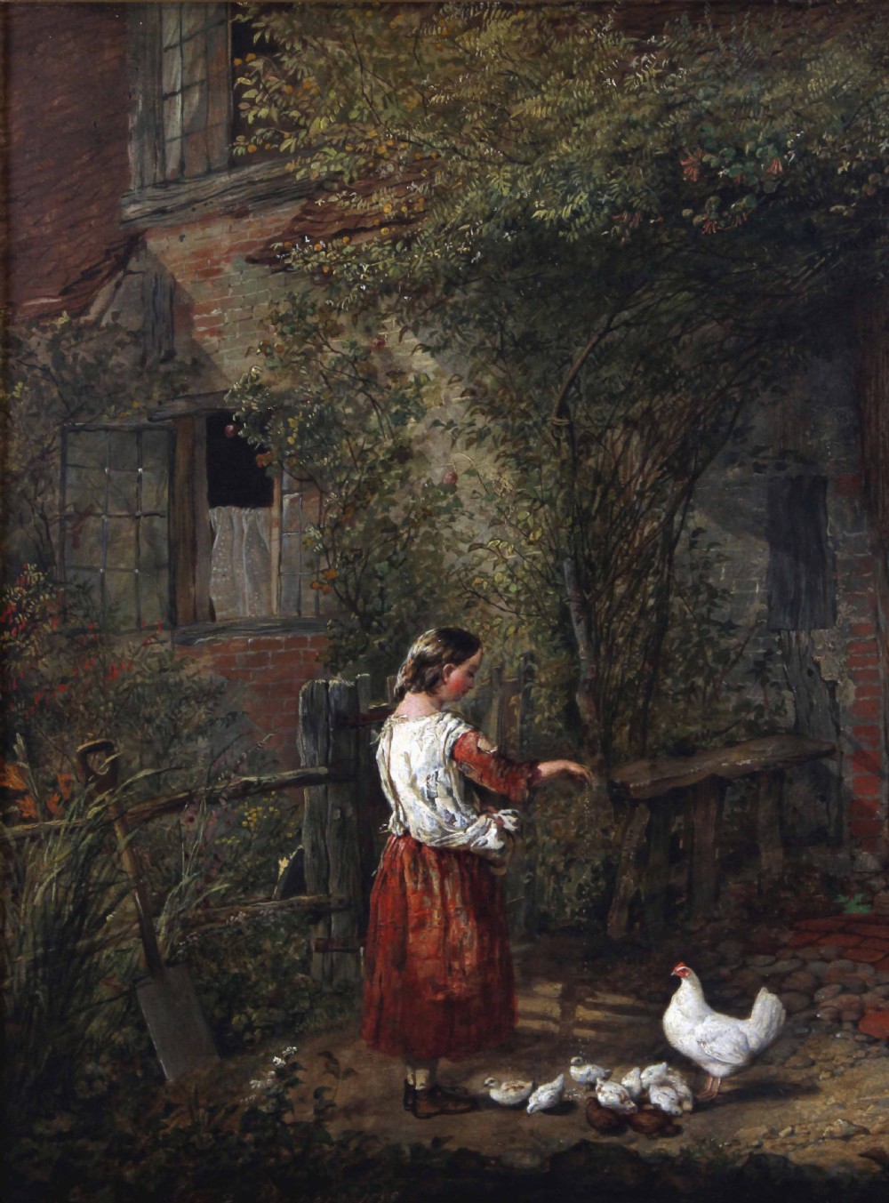 A 19th-century oil painting depicting a rural cottage entrance with a mother holding a child, a girl feeding chickens, a cat, and foliage surrounding the brick doorway. View VII