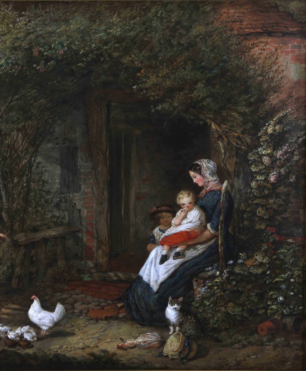 A 19th-century oil painting depicting a rural cottage entrance with a mother holding a child, a girl feeding chickens, a cat, and foliage surrounding the brick doorway. View VIII