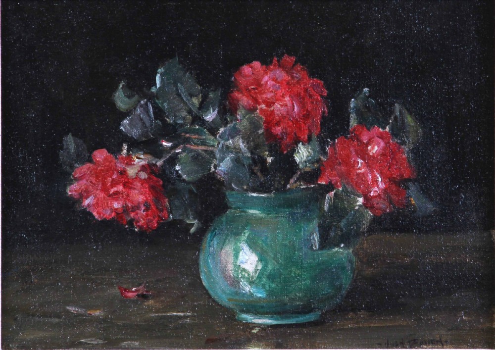 A framed oil painting depicting deep red roses arranged in a green ceramic vase against a dark background, set within an ornate gilt swept frame. View II