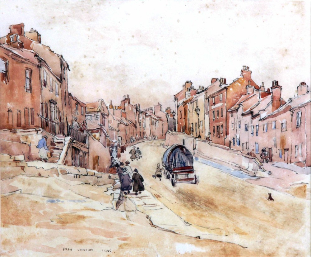 A watercolour painting by Fred Lawson depicting a sloped street scene in Knaresborough with terracotta brick buildings, pedestrians, and a horse-drawn cart.