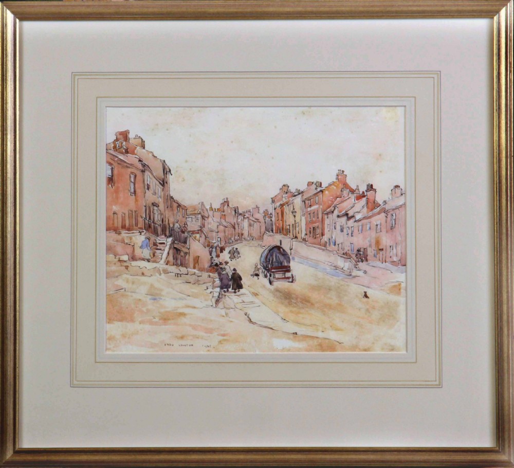 A watercolour painting by Fred Lawson depicting a sloped street scene in Knaresborough with terracotta brick buildings, pedestrians, and a horse-drawn cart. View II