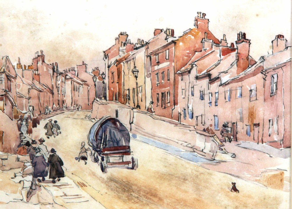 A watercolour painting by Fred Lawson depicting a sloped street scene in Knaresborough with terracotta brick buildings, pedestrians, and a horse-drawn cart. View IV