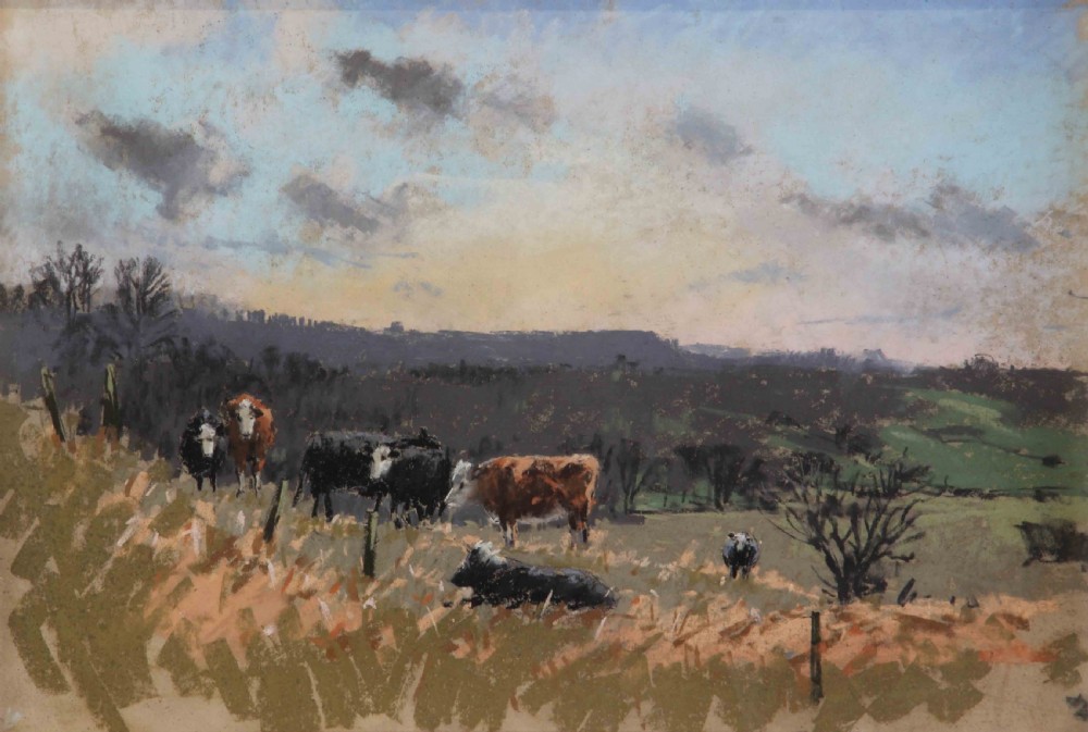 A pastel and watercolour landscape drawing depicting cattle grazing on a grassy hillside under an overcast winter sky in Farndale.