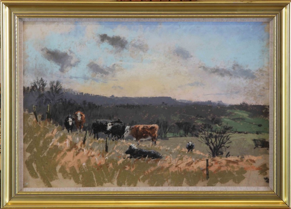 A pastel and watercolour landscape drawing depicting cattle grazing on a grassy hillside under an overcast winter sky in Farndale. View II