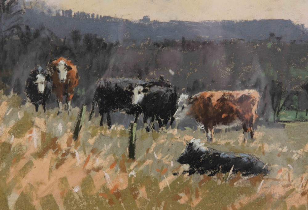 A pastel and watercolour landscape drawing depicting cattle grazing on a grassy hillside under an overcast winter sky in Farndale. View III