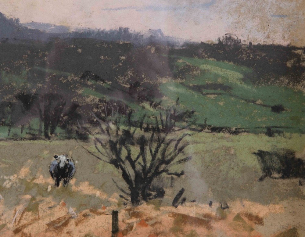A pastel and watercolour landscape drawing depicting cattle grazing on a grassy hillside under an overcast winter sky in Farndale. View IV