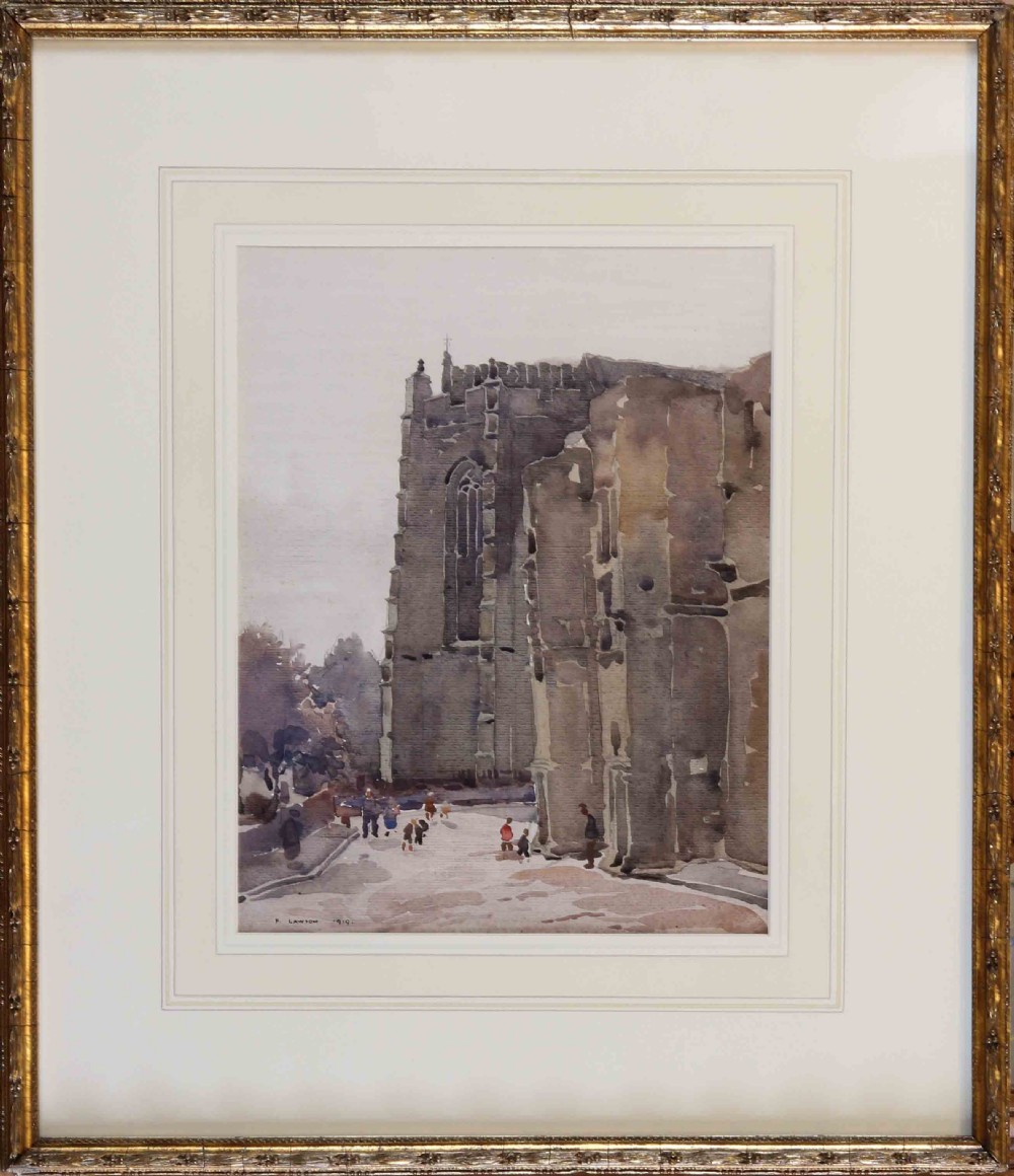 A watercolour painting depicting a grey stone church structure with small figures walking along a path in the foreground. View II