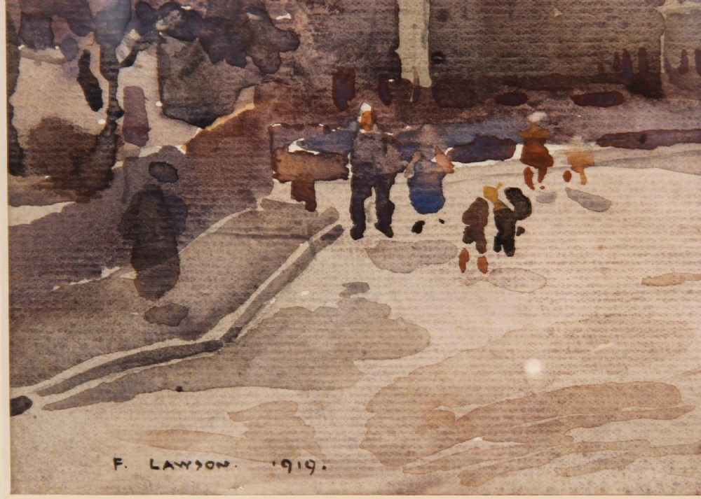 A watercolour painting depicting a grey stone church structure with small figures walking along a path in the foreground. View III