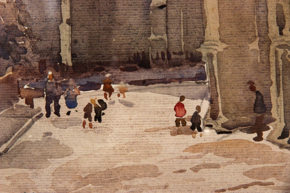 A watercolour painting depicting a grey stone church structure with small figures walking along a path in the foreground. View IV