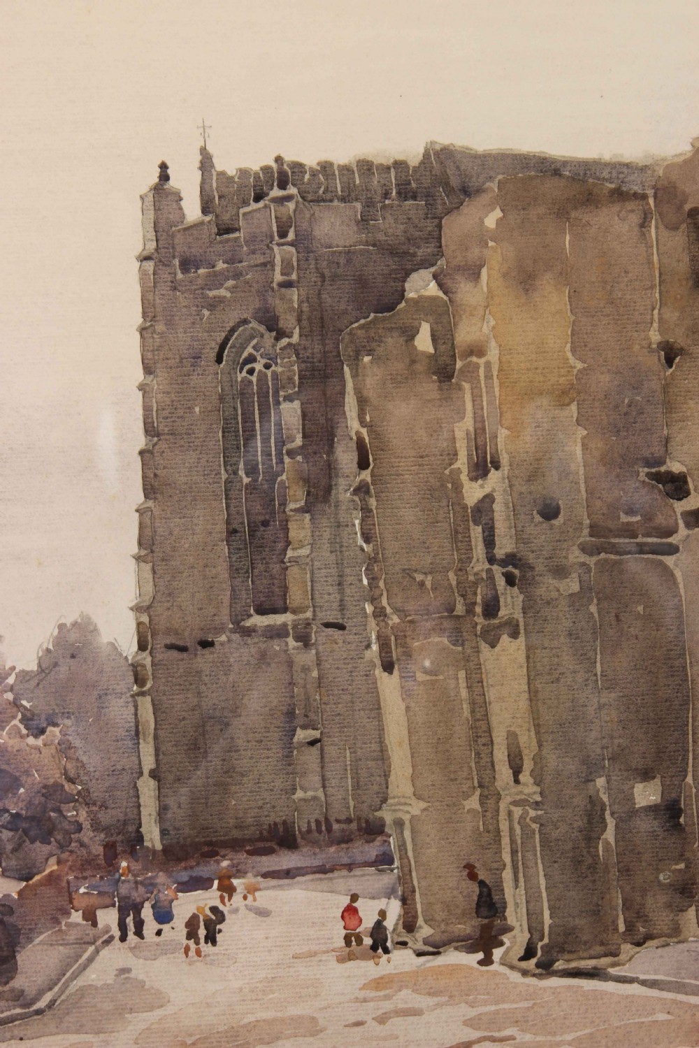 A watercolour painting depicting a grey stone church structure with small figures walking along a path in the foreground. View V