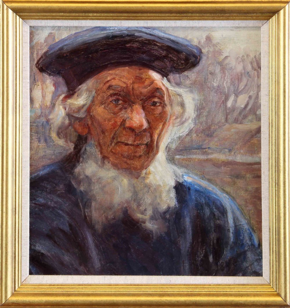 A late 19th-century oil painting depicting an elderly man with a white beard wearing a flat black cap and blue garment. View II
