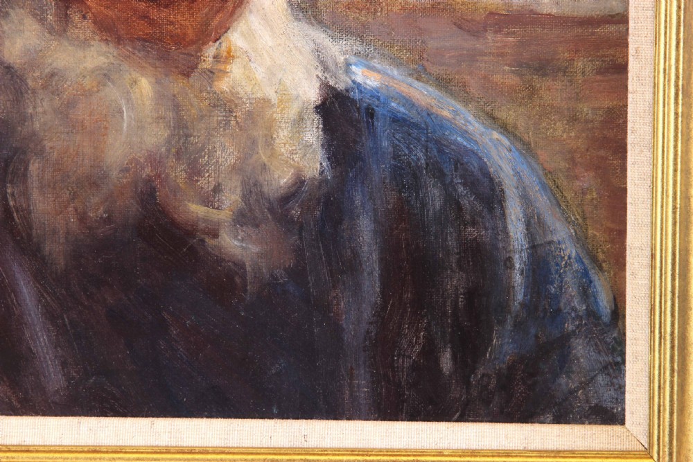 A late 19th-century oil painting depicting an elderly man with a white beard wearing a flat black cap and blue garment. View IV