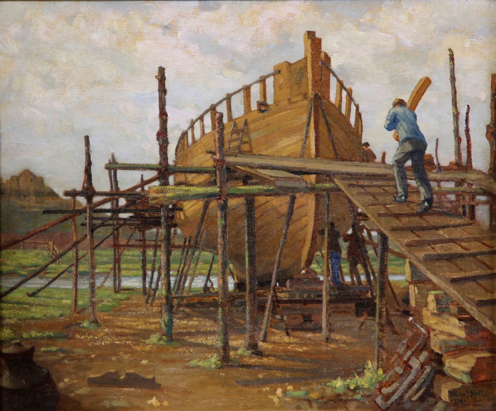 An oil painting depicting figures constructing a wooden ship hull supported by timber scaffolding under a pale cloudy sky.