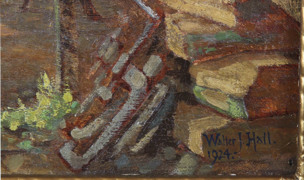 An oil painting depicting figures constructing a wooden ship hull supported by timber scaffolding under a pale cloudy sky. View III