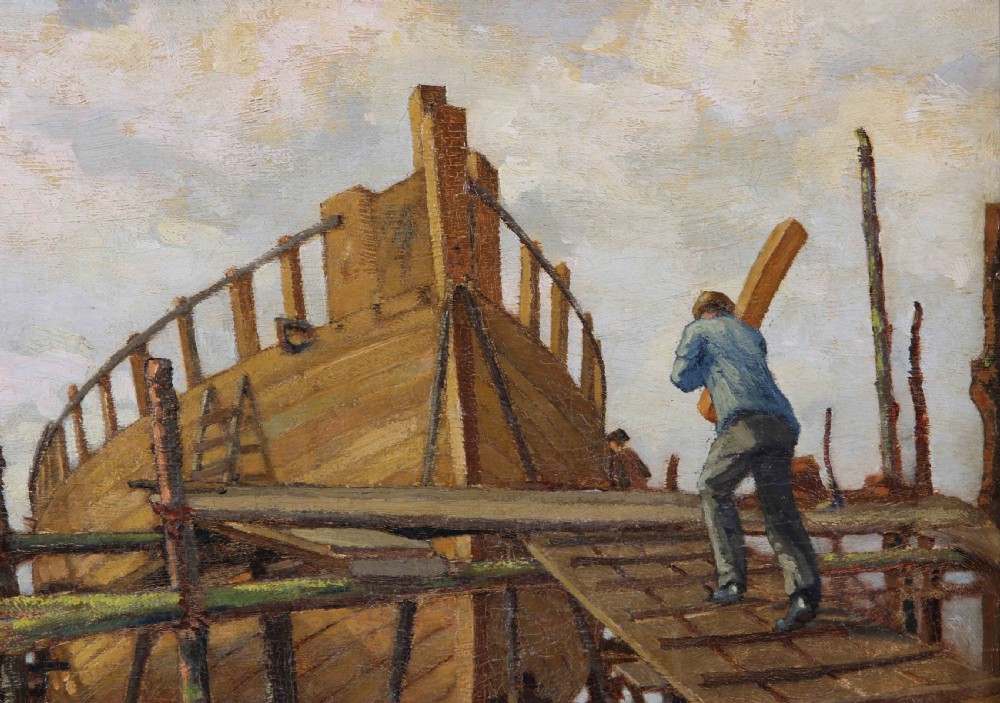 An oil painting depicting figures constructing a wooden ship hull supported by timber scaffolding under a pale cloudy sky. View IV
