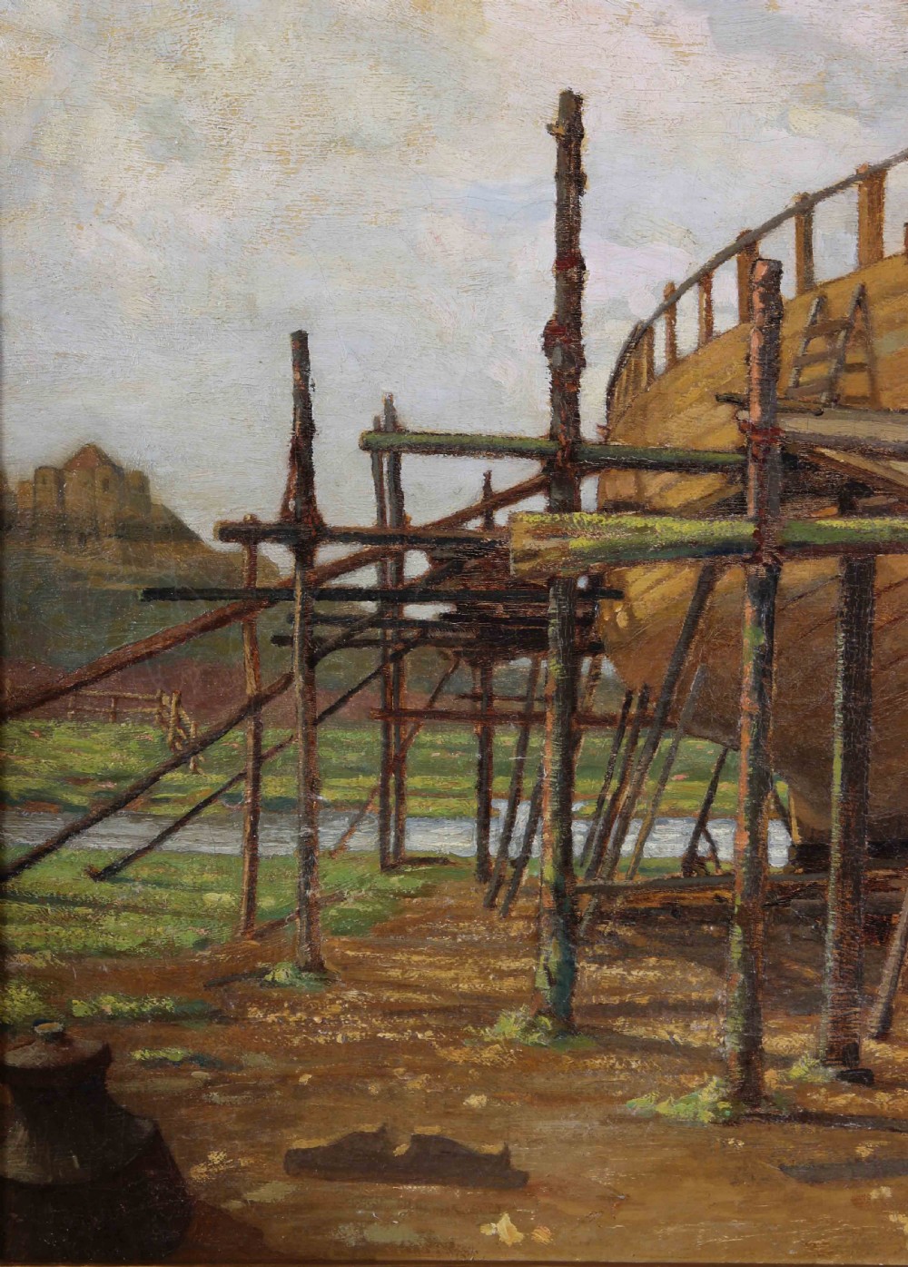 An oil painting depicting figures constructing a wooden ship hull supported by timber scaffolding under a pale cloudy sky. View V
