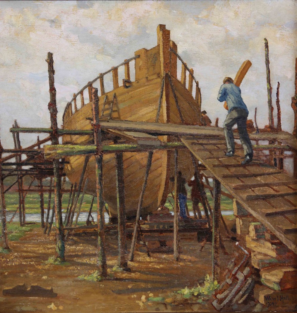 An oil painting depicting figures constructing a wooden ship hull supported by timber scaffolding under a pale cloudy sky. View VI