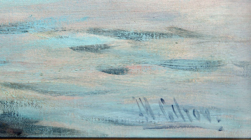 An antique oil painting depicting small fishing boats anchored along a Mediterranean shoreline with a mountain backdrop and coastal town in the distance. View III