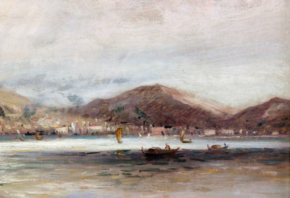 An antique oil painting depicting small fishing boats anchored along a Mediterranean shoreline with a mountain backdrop and coastal town in the distance. View IV