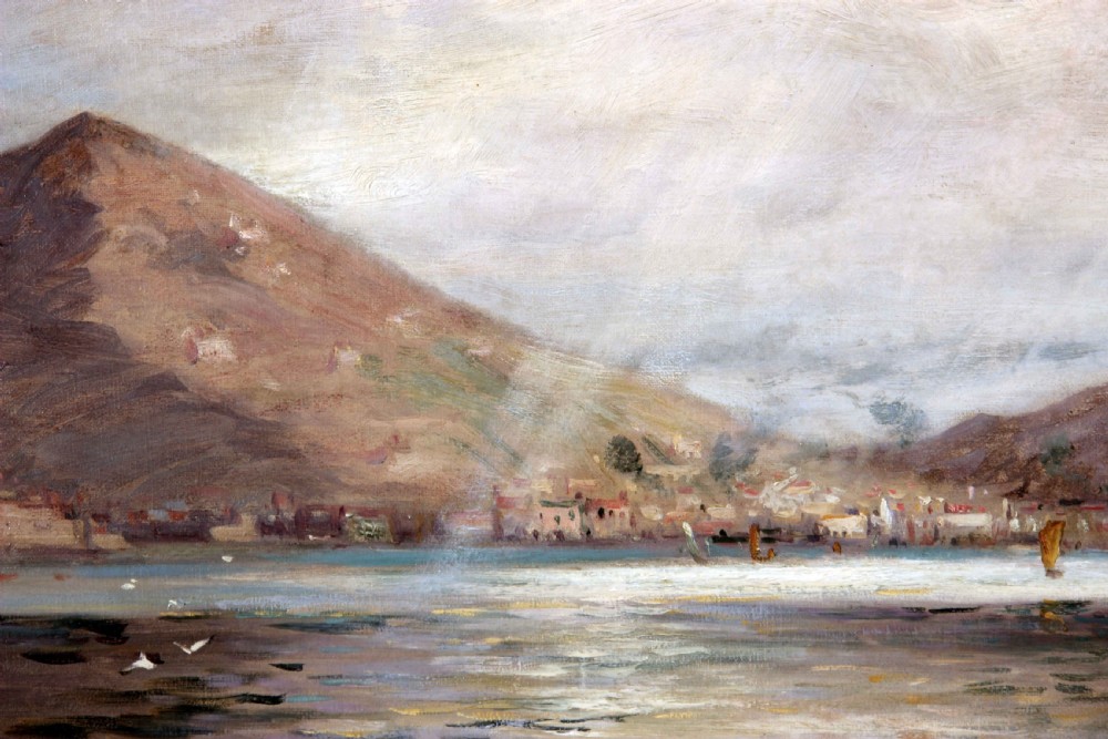 An antique oil painting depicting small fishing boats anchored along a Mediterranean shoreline with a mountain backdrop and coastal town in the distance. View V