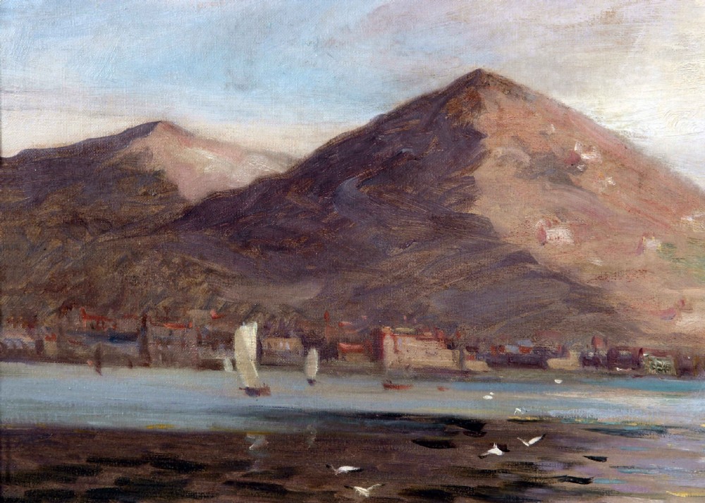An antique oil painting depicting small fishing boats anchored along a Mediterranean shoreline with a mountain backdrop and coastal town in the distance. View VI