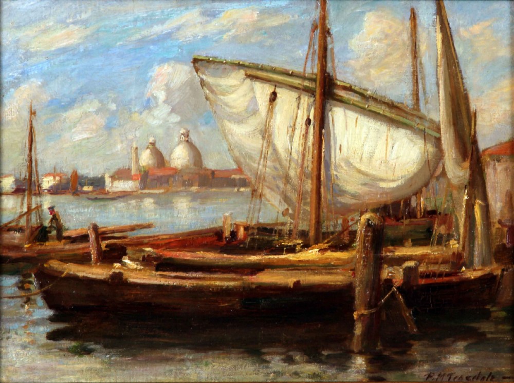 An impressionist oil painting depicting moored wooden sailing boats in a harbour with domed buildings in the distance under a blue sky.