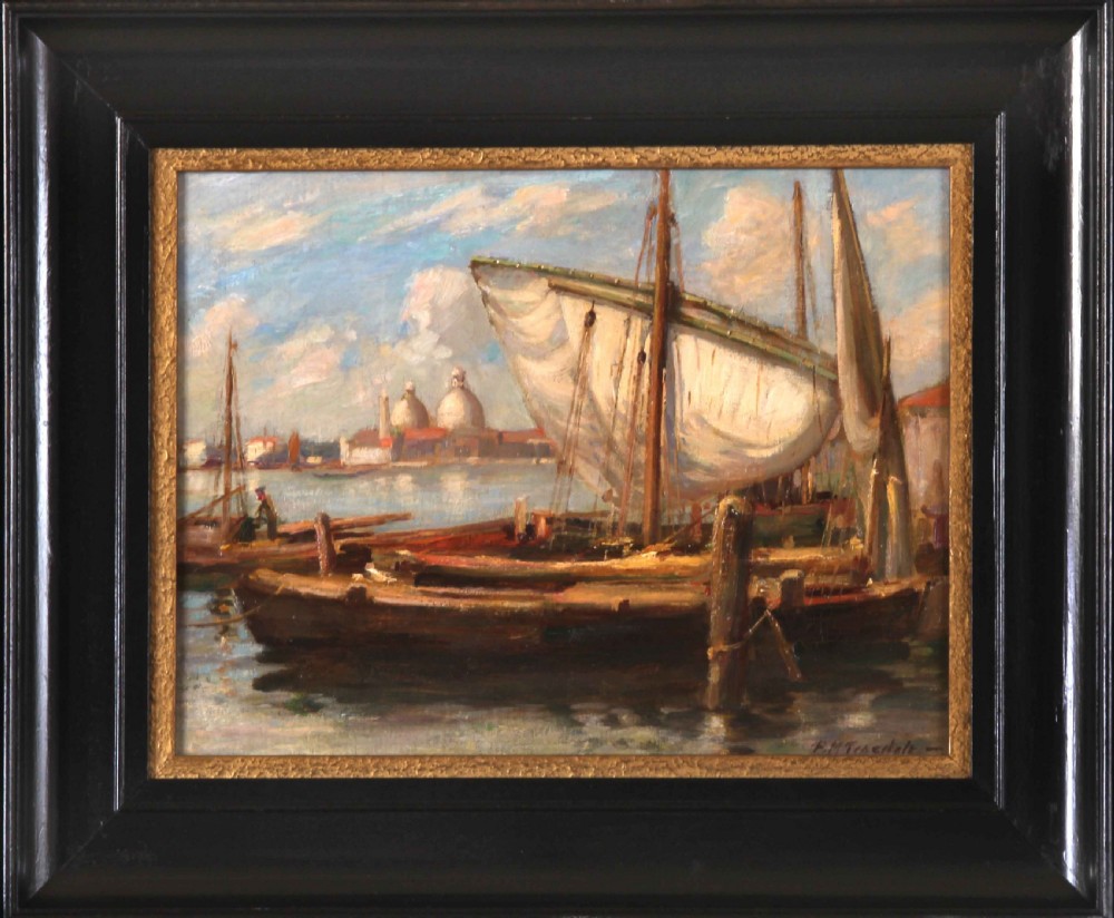 An impressionist oil painting depicting moored wooden sailing boats in a harbour with domed buildings in the distance under a blue sky. View II