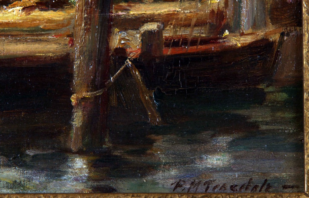 An impressionist oil painting depicting moored wooden sailing boats in a harbour with domed buildings in the distance under a blue sky. View III