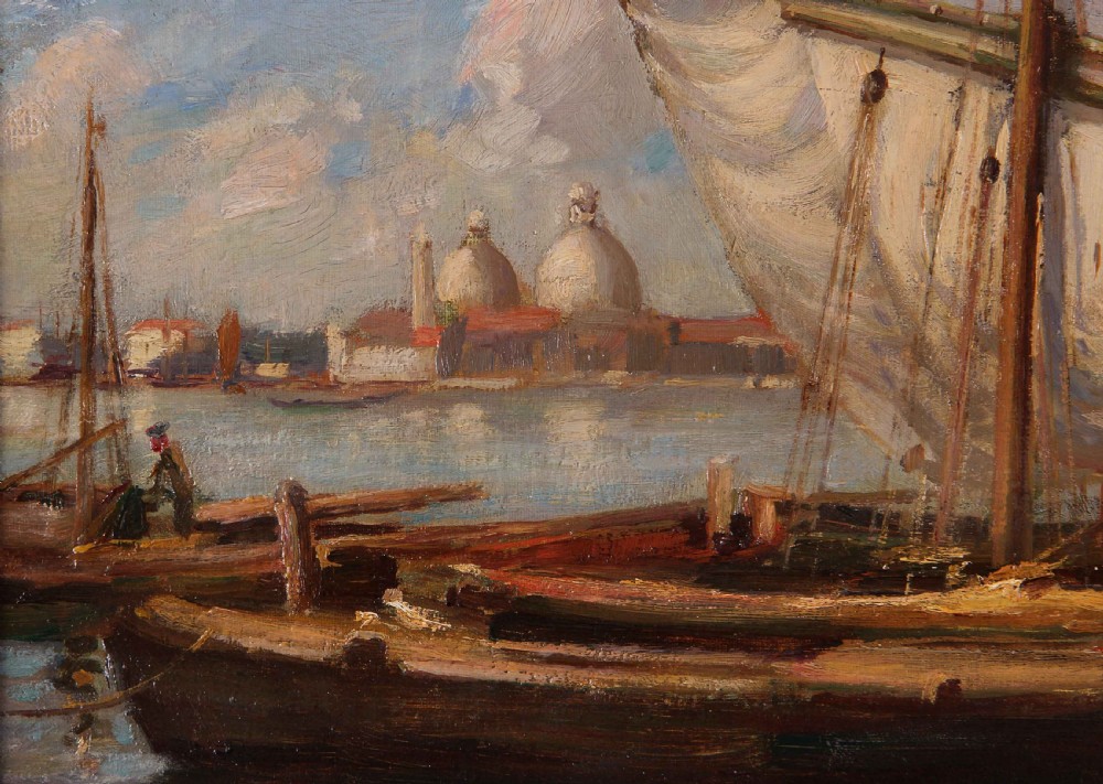 An impressionist oil painting depicting moored wooden sailing boats in a harbour with domed buildings in the distance under a blue sky. View IV