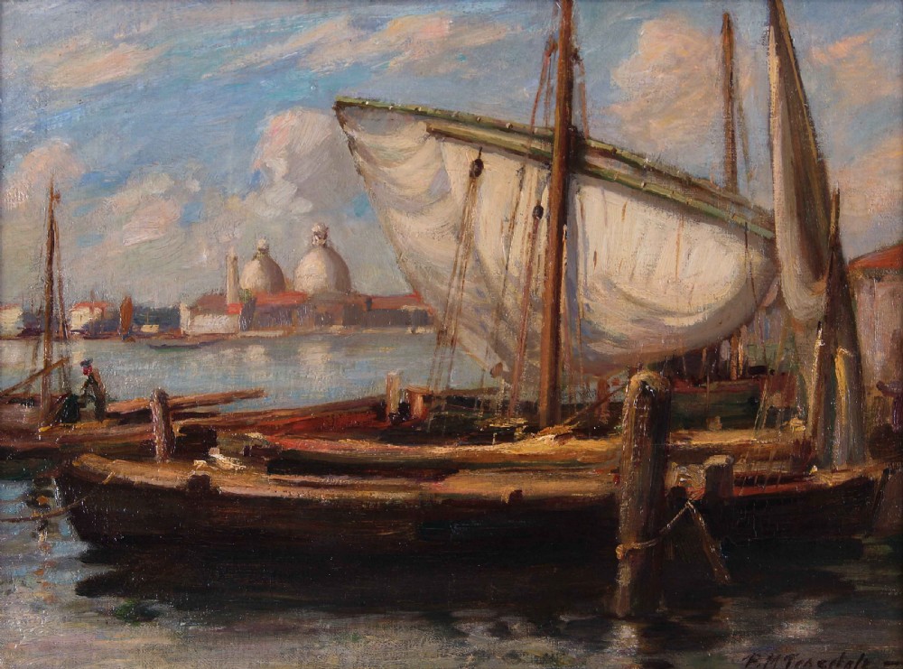 An impressionist oil painting depicting moored wooden sailing boats in a harbour with domed buildings in the distance under a blue sky. View V