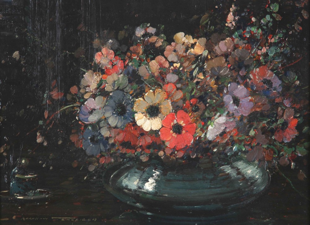 An impressionistic oil painting depicting a colourful arrangement of anemone flowers in a dark vase, presented inside an ornate carved gilded frame. View II