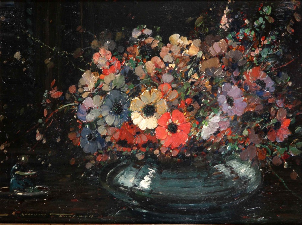 An impressionistic oil painting depicting a colourful arrangement of anemone flowers in a dark vase, presented inside an ornate carved gilded frame. View III
