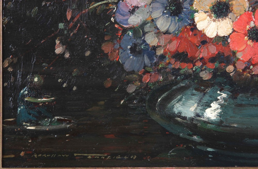 An impressionistic oil painting depicting a colourful arrangement of anemone flowers in a dark vase, presented inside an ornate carved gilded frame. View V