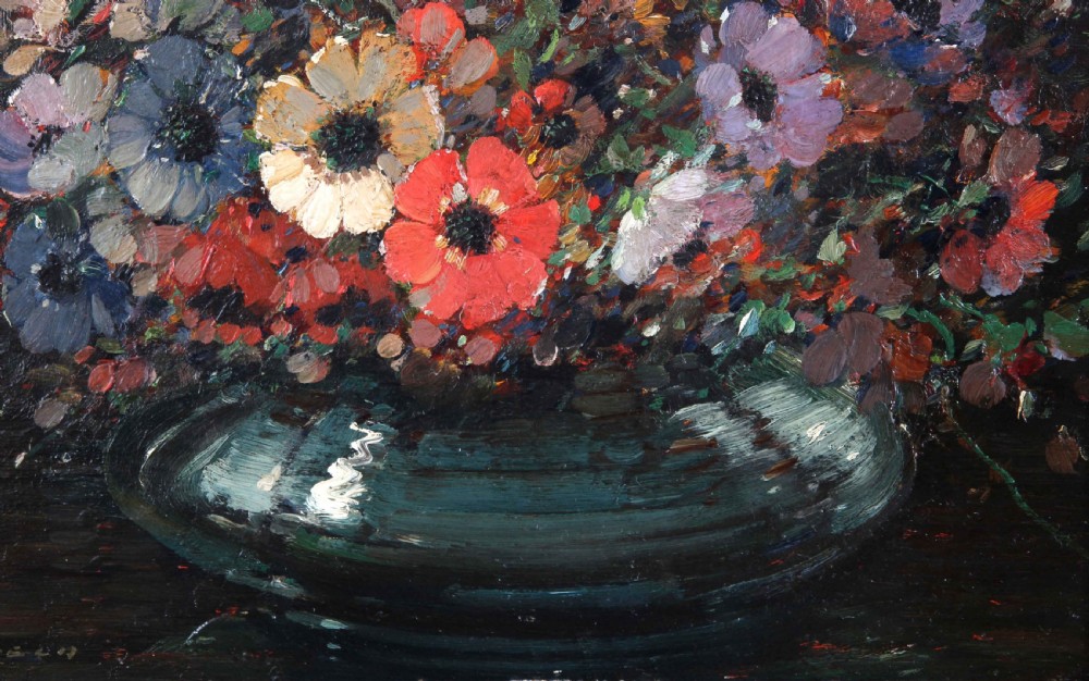 An impressionistic oil painting depicting a colourful arrangement of anemone flowers in a dark vase, presented inside an ornate carved gilded frame. View VI