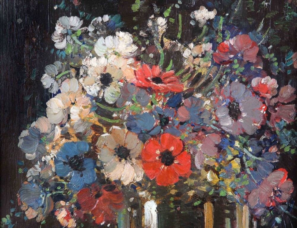 An impressionist oil painting depicting a vase filled with colourful anemones set inside an ornate carved swept gilt frame. View III