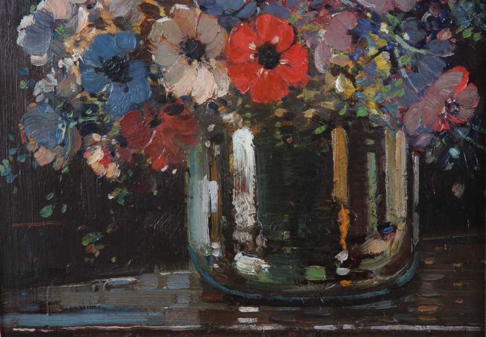 An impressionist oil painting depicting a vase filled with colourful anemones set inside an ornate carved swept gilt frame. View IV