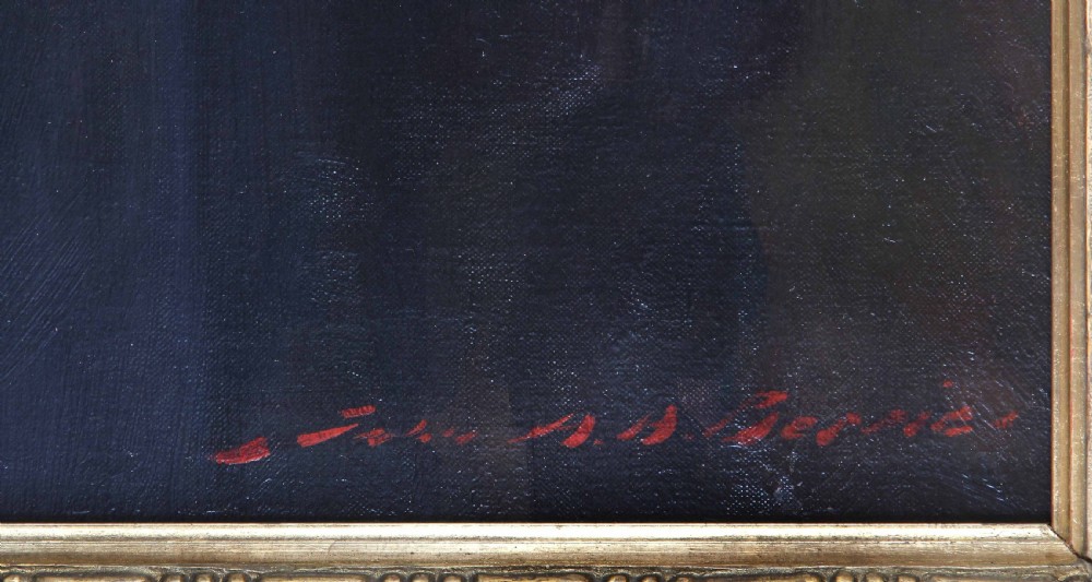 An antique oil painting depicting a seated gentleman wearing a dark suit and spectacles, set within an ornate gilded frame. View IV