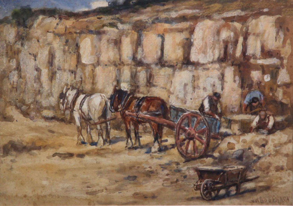 A watercolour painting depicting quarrymen working beside horse-drawn wooden carts against a tall sandstone cliff face.