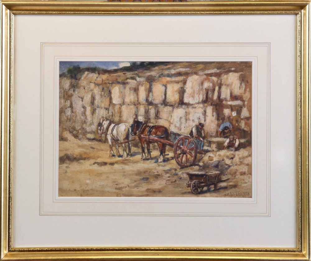 A watercolour painting depicting quarrymen working beside horse-drawn wooden carts against a tall sandstone cliff face. View II