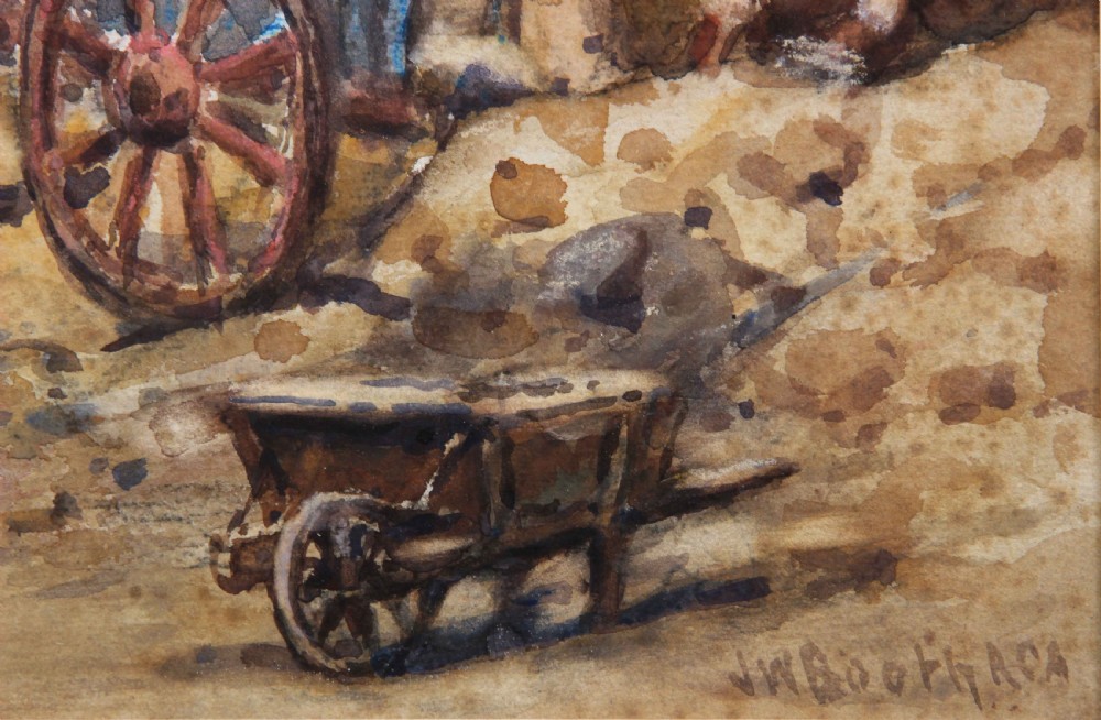 A watercolour painting depicting quarrymen working beside horse-drawn wooden carts against a tall sandstone cliff face. View III