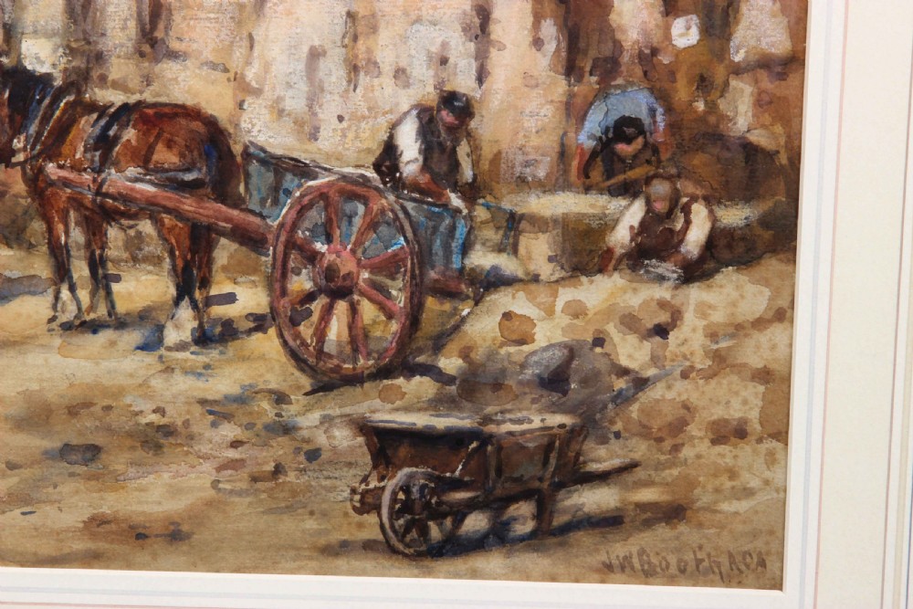 A watercolour painting depicting quarrymen working beside horse-drawn wooden carts against a tall sandstone cliff face. View IV