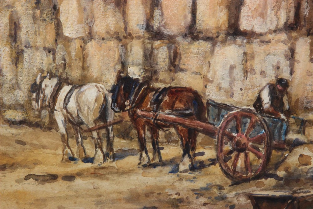 A watercolour painting depicting quarrymen working beside horse-drawn wooden carts against a tall sandstone cliff face. View V