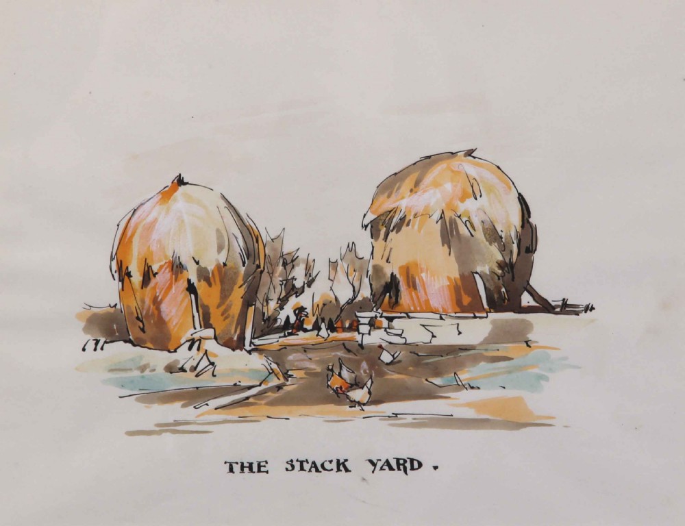 A watercolour and ink painting depicting two domed haystacks in a rural farmyard with poultry in the foreground, hand-captioned The Stack Yard.