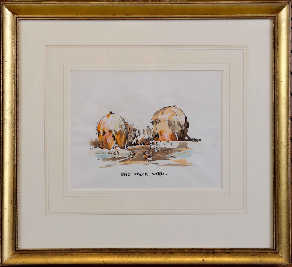 A watercolour and ink painting depicting two domed haystacks in a rural farmyard with poultry in the foreground, hand-captioned The Stack Yard. View II